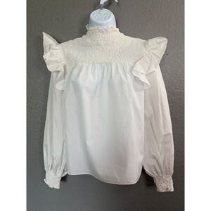 Cinq a Sept White Smocked High Neck Ruffle Shoulder Blouse SZ M 
Fancy Career